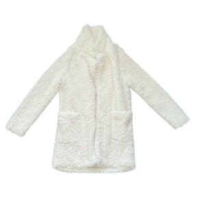 Threads Cream Faux Fur Teddy Coat Open Front Jacket Womens Medium (0882)